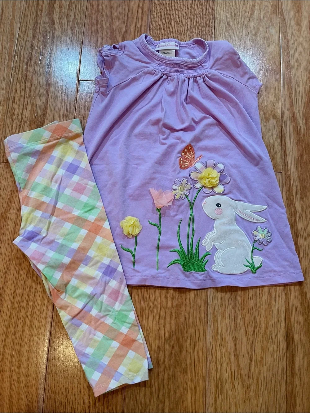 Bonnie Jean Lavender Bunny Pajama Set with Pastel Plaid Pants